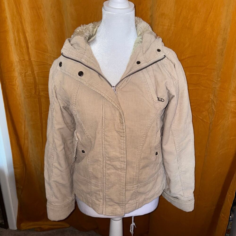 Topshop MOTO Tan Corduroy Hooded Winter Jacket Fur Lined Coat Size 10